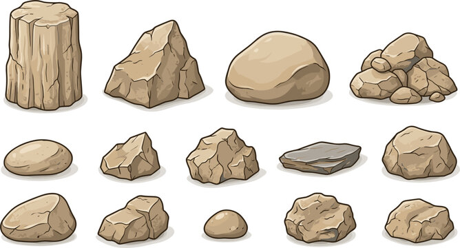 Cartoon Stone and Rock Vector Set with Isolated Boulder Pebble and Slab Elements for Game Environment Landscapes and Nature Background Designs