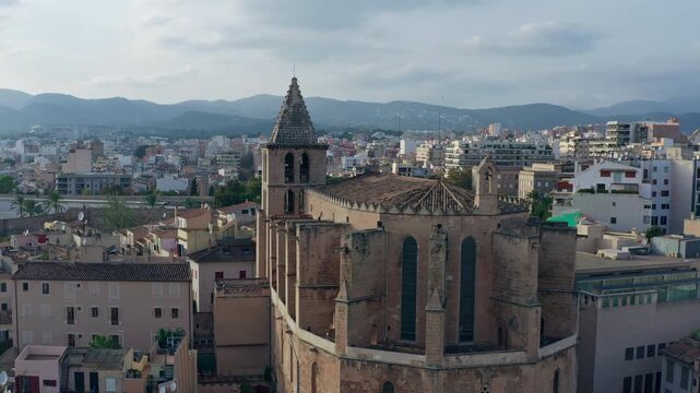 Aerial cityscape of Palma on the island of Mallorca in Spain. The historic cathedral in the historic part of the city, travel and tourism in Europe.