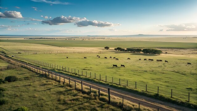 Australian Cattle Ranch Landscape With Open Plains, Fence Lines, and Clear Sky
