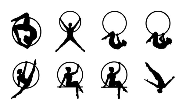 Aerial Hoop Silhouettes, 8 Dynamic Poses Vector Set, Gymnastics Acrobatics Performance Art, Circus Entertainment Graphics
