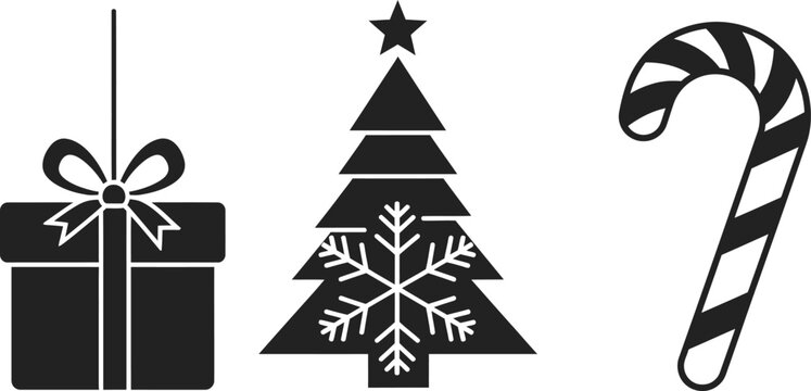 Christmas icons set with gift box tree and candy cane