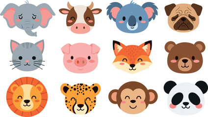 Cute Kawaii Animal Face Set with Elephant Cow Koala Pug Fox Bear Lion Panda and Adorable Character Collection © Rejaul