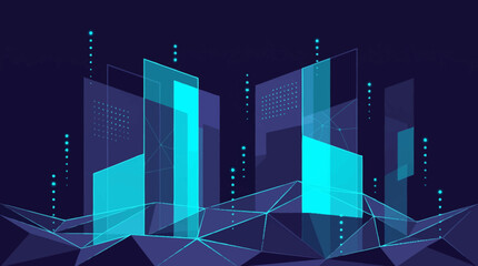 Fototapeta premium Futuristic Digital Cityscape with Glowing Blue Buildings and Network Grid.