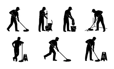 Naklejka premium Cleaning Service Silhouettes: Janitor Mop and Bucket Icons, Wet Floor Sign Vector Set for Housekeeping and Sanitation