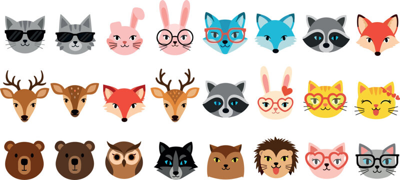 Cute Flat Design Wild Animal Face Icon Collection Featuring Various Characters with Glasses and Expressions Isolated on White Background