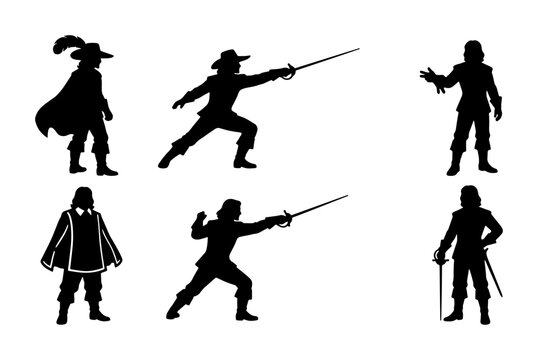 Musketeer Silhouettes, Swashbuckler Poses, Historical Warrior Icons, Vintage Fencing Figures, Black Vector Set