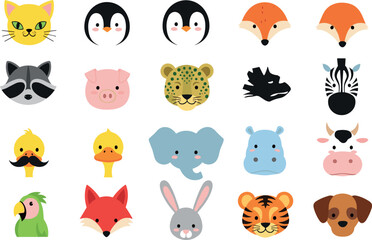 Obraz premium Cute Flat Cartoon Animal Face Icons Collection with Cat Penguin Fox Raccoon Leopard Elephant Tiger Bunny and Dog Vector Set