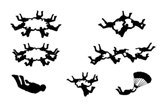 Skydiving Formation Icons, Freefall Parachutist Silhouettes, Extreme Sports Vector Set, Aerial Acrobatics Group Figures