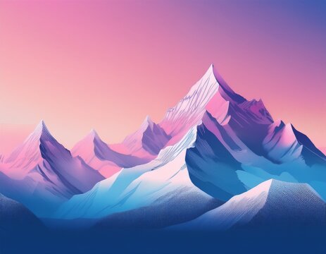 snowy mountains with a pink and blue gradient under a soft pink sky ai generative