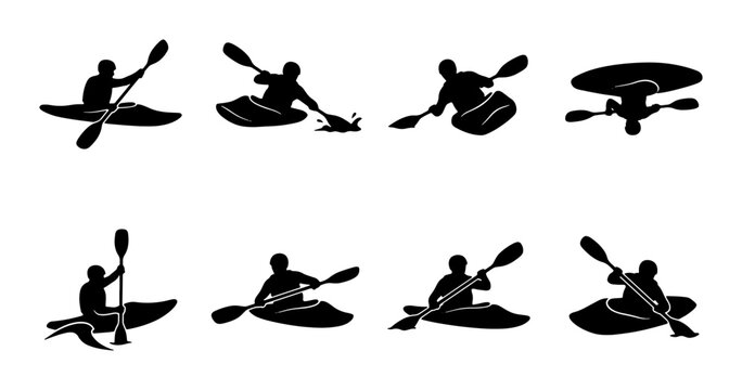 Kayaking Silhouette Set, Water Sports Action Icons, Paddling Adventure Vector Graphics, Outdoor Recreation Activity Collection