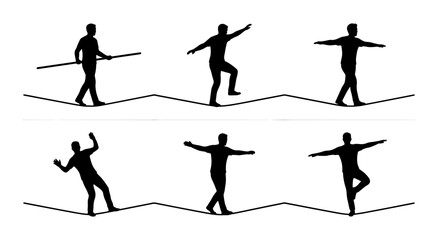 Silhouette Set: Six Figures Balancing on Tightrope, Dynamic Poses, Risk and Stability Concepts, Vector Graphics © Farzana
