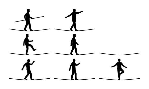 Tightrope Walker Silhouettes, Balance and Acrobatics, Human Figures in Motion, Performance and Skill Set, Vector Graphics