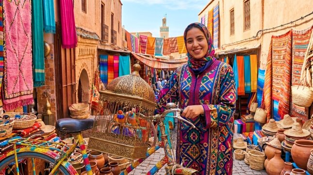 A cheerful young woman in a colorful traditional kaftan and hijab stands with a decorated vintage bicycle carrying an ornate brass birdcage in a bustling Moroccan market alley.