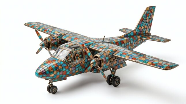 A beautiful collectible twin-engine propeller airplane model crafted with an intricate mosaic of colorful gemstones, stained glass tiles, and aged bronze lining, isolated on a white studio floor.