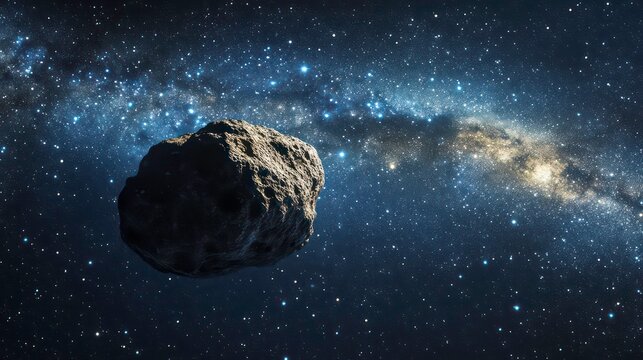 A large asteroid floats in the vast expanse of space, with the Milky Way galaxy visible in the background.