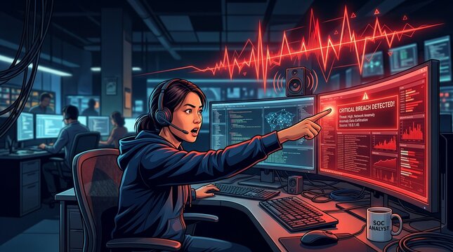 Cyber Security Analyst in SOC Center Pointing at Critical Breach Detected Alert on Screen
