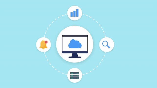 Animated cloud analytics illustration featuring connected chart, search, notification, and database icons around a computer interface in a smooth looping technology scene.