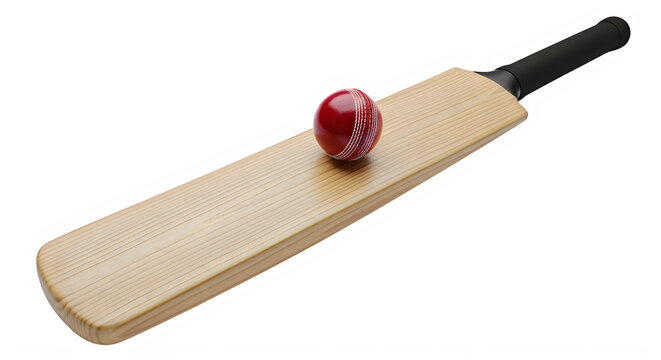 Wooden cricket bat with red ball on top isolated on transparent background