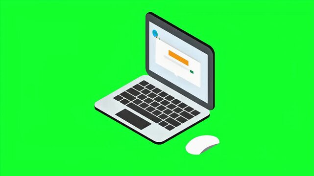 Isometric Laptop Open Web Browser Screen Animation on Green Screen Tech Workspace