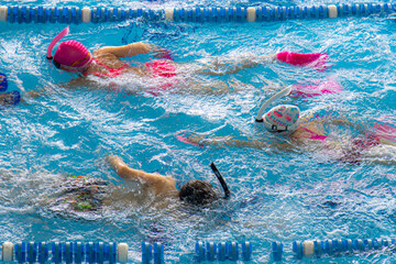 High-angle view of young swimmers training in a pool with bright pink fins and snorkels. © Сергей Иванкин