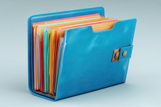 Blue leather organizer with colorful document folders and clasp
