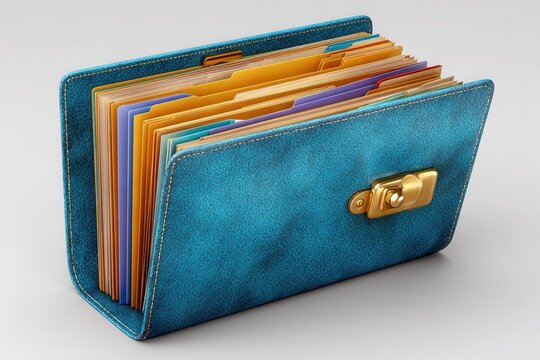 Blue leather organizer with colorful document folders and gold clasp