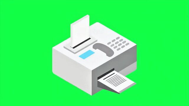 Isometric Fax Machine Document Printing Animation on Green Screen Corporate Office Asset