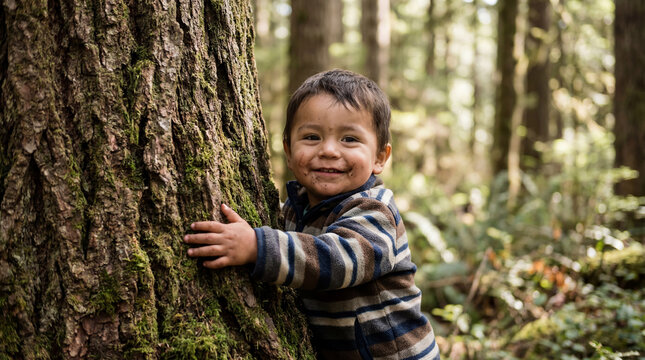 World Environment Day child hugging tree satisfied nature connection for celebration greeting cards social media environmental conservation promotional content