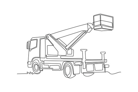 Continuous one line drawing back view of city service boom truck. Driver cabin, rear support bed, hydraulic arm lifting an aerial work basket cage. Single line draw design vector graphic illustration