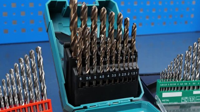 A set of drills for drilling metal in a plastic case.