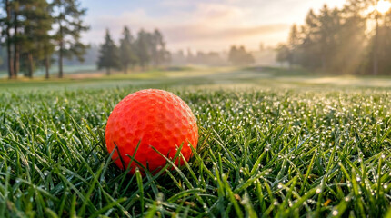 Naklejka premium Vibrant orange golf ball sitting on lush green grass on a serene golf course at sunrise