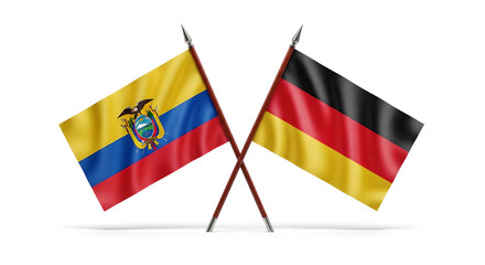 Fototapeta premium Two crossed flags of ecuador and germany on poles isolated on white background