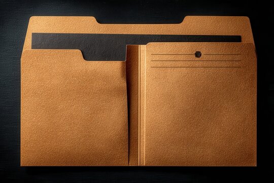 Open manila folder with black insert on dark background