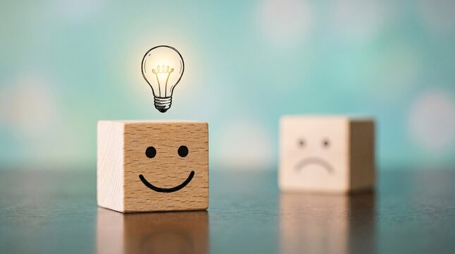 Idea Cubes: A lit lightbulb floats above a wooden cube with a smiling face, symbolizing innovation and positive thinking, while a frowning cube sits nearby.