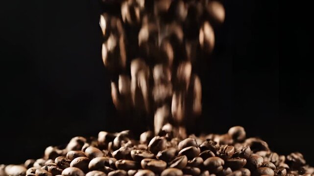 Closeup of Roasted Coffee Beans Falling into a Pile 2.
