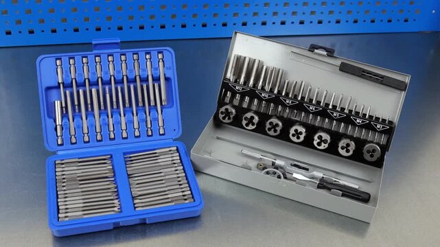 A set of tools for threading in a metal case.A set of metal bits for installation work in a plastic case.