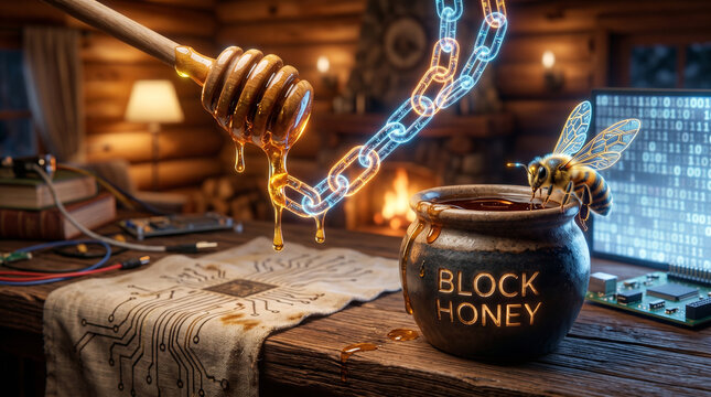 Honey dripping from a dipper into a block honey pot with a bee and chain