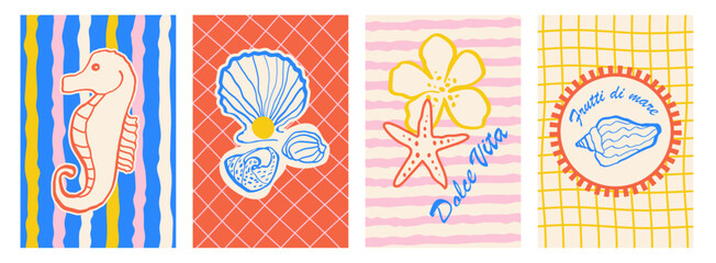 Obraz premium Amalfi Coast summer doodle poster set with seahorse, seashell, starfish and tropical flower. Mediterranean retro beach whimsical summer card collection in naive hand drawn style