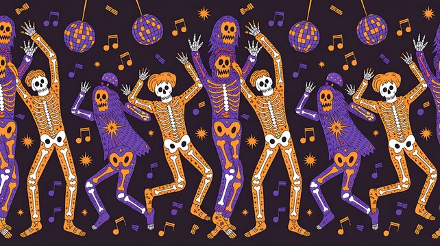 Seamless pattern with dancing skeletons in disco style, retro 70s party illustration with disco balls and musical notes