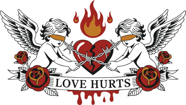 A dramatic illustrative design depicting blindfolded cupids with a barbed wire heart and roses symbolizing painful love