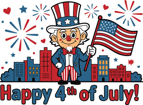 Cheerful cartoon Uncle Sam character holding an American flag with city skyline and fireworks celebrating the 4th of July
