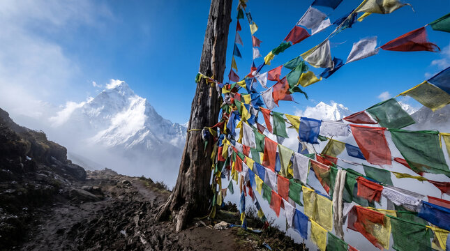 Colorful prayer flags blowing in the wind with a majestic snow capped mountain in the background