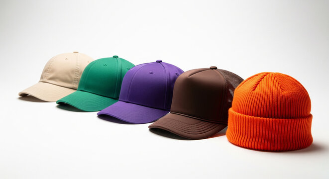 baseball caps and knit beanie collection on white surface fashion accessories