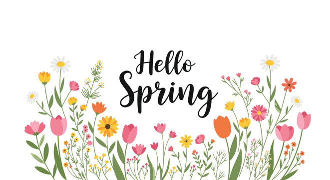Beautiful horizontal banner featuring a variety of colorful wildflowers and the words hello spring on a white background.