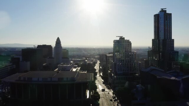 Locked Off City Hall Shot Downtown Los Angeles California Drone Aerial View