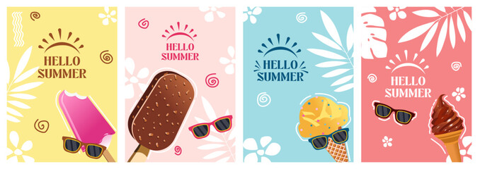 Summer greeting poster vector set design. Hello summer text with floaters and sunglasses beach vacation elements. Vector illustration summer greeting postcard collection. © Makdsgn