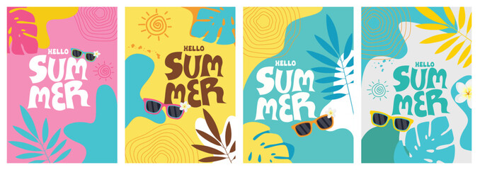 Summer greeting poster vector set design. Hello summer text with floaters and sunglasses beach vacation elements. Vector illustration summer greeting postcard collection. © Makdsgn