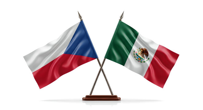 Czech republic and mexico flags crossed on a wooden stand isolated on white background