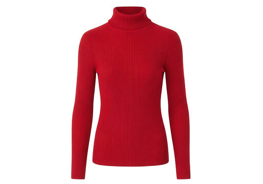 Red long sleeve women's mock neck top with thin collar isolated on transparent background
