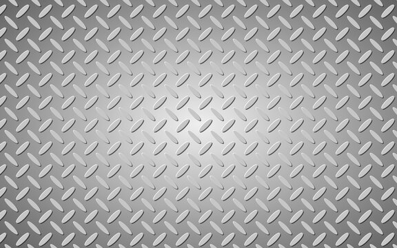 Shiny gray metal diamond plate texture background with a subtle radial light effect, offering a modern industrial metallic surface pattern.